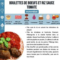 a recipe for meatballs with tomato sauce and basil leaves on top, in french