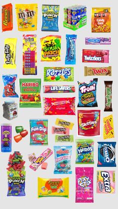 many different types of candy are displayed together