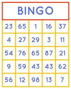 a blue and yellow calendar with the word bingo on it