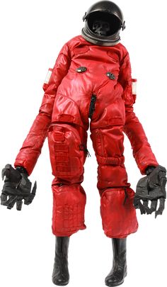 a red astronaut suit with black gloves and boots