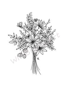 an ink drawing of flowers in a vase