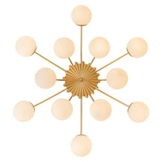 a chandelier with eight white balls hanging from it's golden metal frame