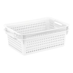 a white plastic basket with holes on the bottom and sides, in front of a white background