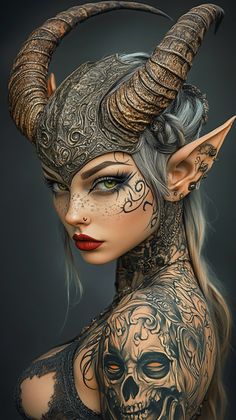 a woman with tattoos and horns on her head