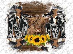 a cow with sunflowers in front of it's face and the letter m