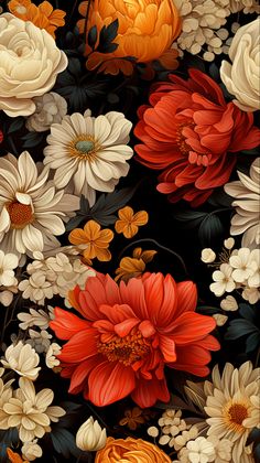 a bunch of flowers that are in the middle of a black wallpaper pattern with orange, yellow and white flowers