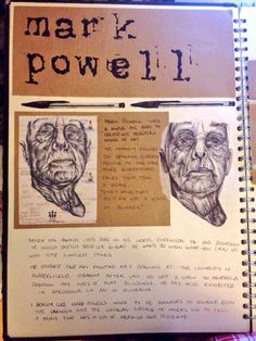 an open book with drawings and writing on the pages that read, mark powelll