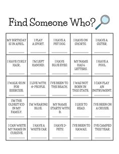 a printable game with words that say, find someone who?