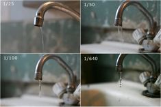 four pictures showing different stages of water running from a faucet to a sink