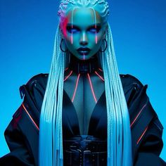 a woman with long white hair and neon lights on her face is standing in front of a blue background