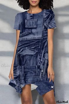 Olivia Mark - Feminine Faux Denim Short Sleeve Mini Dress with Irregular Hem Denim Print, Printed Casual Dresses, Denim T Shirt, Irregular Hem, Short Sleeve Mini Dress, Short Sleeve Dress, Sweetheart Neck, Wholesale Fashion, Print Fabric