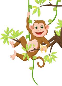 a monkey hanging on a tree branch with leaves