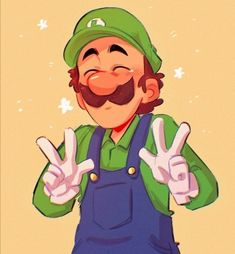 a man in overalls making the peace sign with his hands