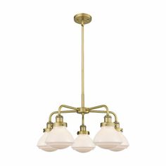 three light brass chandelier with white glass shades