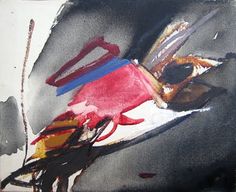 an abstract painting with black, red and blue colors