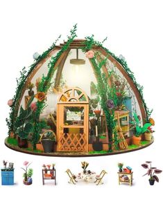 the inside of a dome shaped house with plants and flowers on it's sides