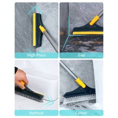 four images showing how to use a broom for cleaning the bathtub and shower floor