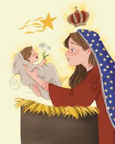 a painting of a woman holding a baby in a manger with a crown on her head