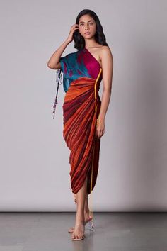 Shop for Saaksha and Kinni Multi Color Cotton Silk One Shoulder Saree Dress for Women Online at Aza Fashions Drape Dresses Indian, Pleated Saree, Sari Dress, Looks Black, Indian Fashion Designers, Saree Dress, Draped Dress, Inspired Dress, Dress For Women