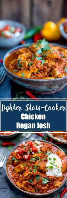 two plates of chicken rogan josh on a blue table cloth with silverware