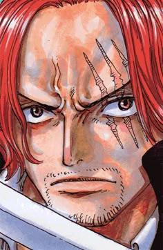 an anime character with red hair holding a knife in his right hand and looking at the camera