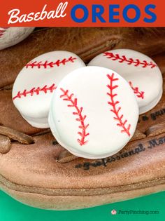 baseball oreos are sitting in an old glove with the text, how to make baseball oreos