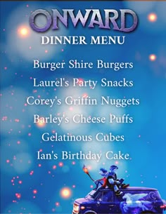 a menu for a birthday party with an image of a car and the words onward on it