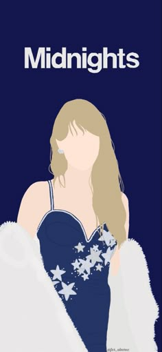 a woman in a blue dress with white stars on her chest and the words midnights written