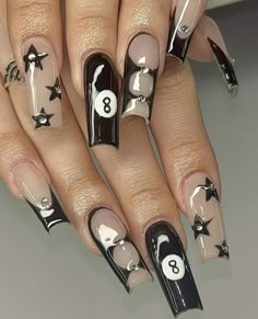 Black White Y2k Nails, Hardest Nail Designs Ever, Oval Y2k Nails, Trendy Y2k Nails, Partynextdoor Inspired Nails, Grunge Nails With Charms, Black Alt Nails Acrylic, Long Acrylic Nails Summer 2024, Nail Ideas Y2k Hello Kitty