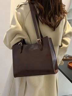 Olivia Mark - Minimalist Tote Bag - Women Tote Bags Style: Elegant,Color: Coffee Brown,Quantity: 1 piece,Strap Type: Double Handle,Pattern Type: Plain,Bag Size: Medium,Type: Shoulder Tote Bag,Material: PU Leather,Coating: 100% Polyurethane,Composition: 100% Polyester attr_name: , Bag Width: 5.7 inch, Bag Height: 9.4 in Hand Bags For Women For Office, Shoulder Tote Bag Outfit, Shoulder Bag Leather Woman, Bag Office Women, Office Bag Aesthetic, Bag For Office Women, Work Shoulder Bag, Bags For University For Women Aesthetic, Office Handbags For Women