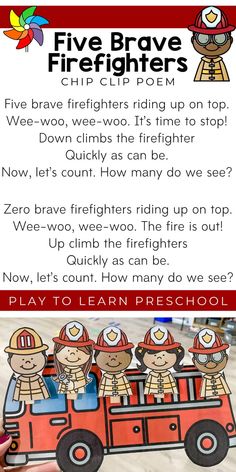 the five brave firefighters poem for kids to learn how to read and play with them