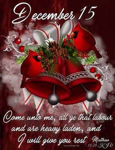 a christmas card with red bells and evergreens