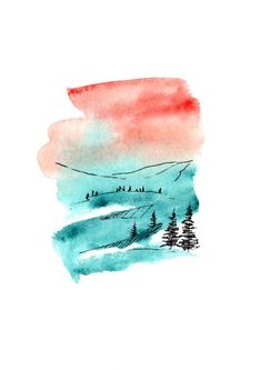 a watercolor painting with trees and mountains in the background