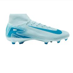 the nike meron fg soccer shoe is shown in white, blue and black