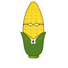 an illustration of a corn cob with glasses on it's head and green leaves