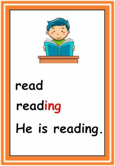 a boy reading a book with the words read reading he is reading on it and an orange frame