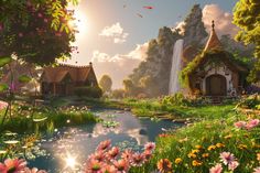 an animated scene with flowers and houses in the foreground, surrounded by trees and water