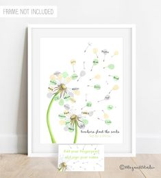 a dandelion with words written on it and a note attached to the frame