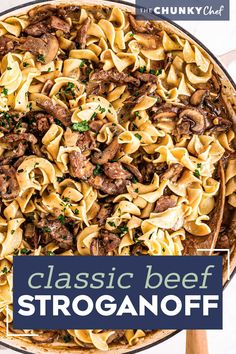 the classic beef stroganonoff recipe in a skillet with text overlay