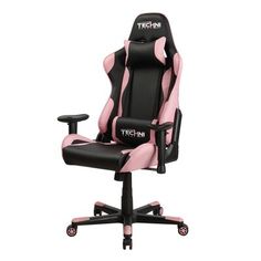 a pink and black office chair with the word techni on it's back