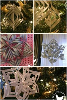 four different types of snowflakes hanging from a christmas tree