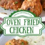 an advertisement for oven fried chicken with broccoli on the side and rice on the other side