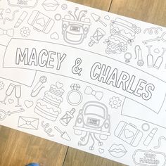 someone is holding up a coloring book with images of things to color on it and the words macey & charles