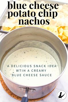 blue cheese potato chip nachos in a pan with text overlay that reads, blue cheese potato chip nachos