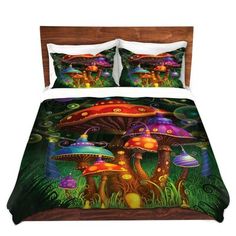 a bed with mushrooms on it and green grass