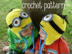 two children wearing crochet hats next to a tree with the words crochet pattern on it