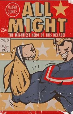 an all might poster is shown in red, white and blue