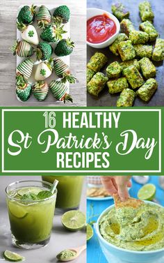 st patrick's day food and drink collage with text overlay that reads 16 healthy st patrick's day recipes