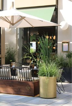 an outdoor seating area with umbrella and potted plants