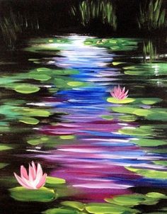 a painting of water lillies floating on top of a lake